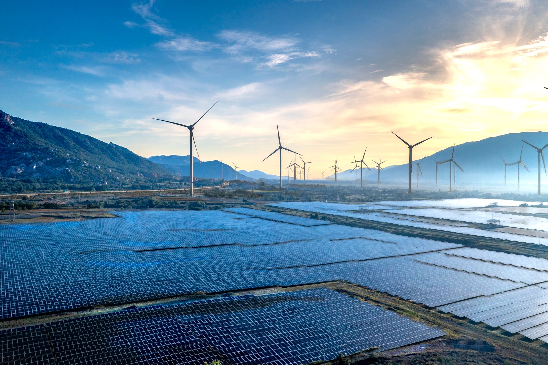 Renewable energy landscape with solar panels